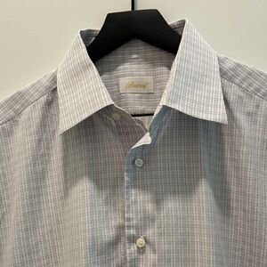 Brioni Men's Pale Pink and Blue Plaid Dress Shirt